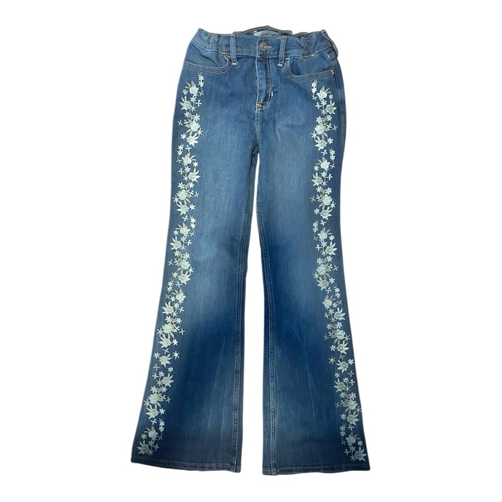 Abercrombie Kids High Rise Flare Blue Floral Embroidered Jeans